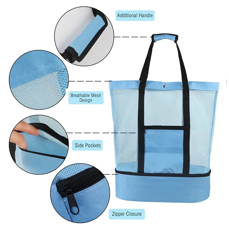 LUSQI Insulated Beach Bag For Women Large Waterproof Tote With Mesh & Transparent Double-Layer For Swimming Picnic Shopping