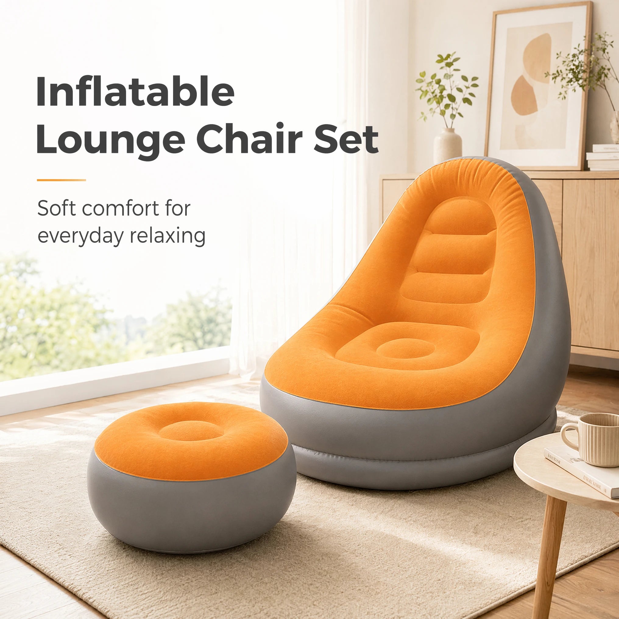 2 IN 1 Inflatable Sofa with Stool Soft Flocking Ergonomic Lounge Chair Fast Inflation Foldable Portable Waterproof PVC Sofa
