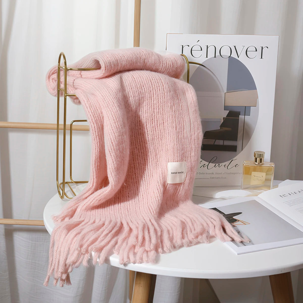 Women Solid Color Knitted Tassel Scarf