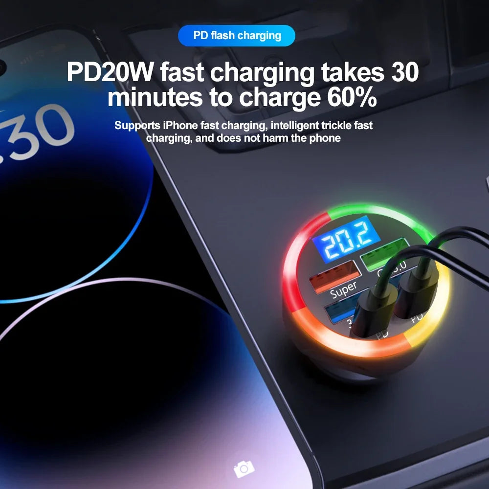 200W Car Charger QC3.0 Type-C Quick Charge Transparent Case PD