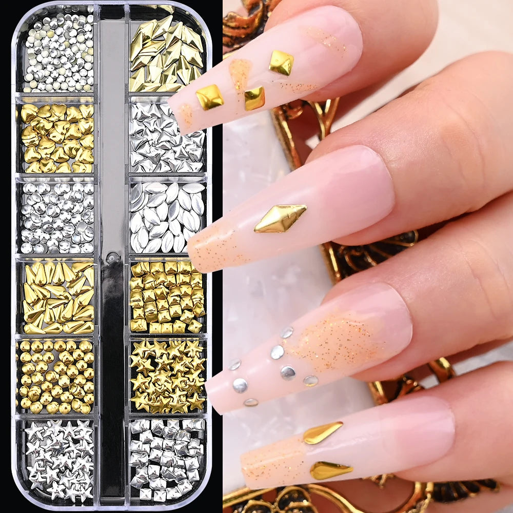 12Grids Silver Star Moon Glitter Nail Charms Mixed Metallic Tips Slice Rivet 3D FlatBack Gold Silver Star DIY Alloy Nail Studs_-