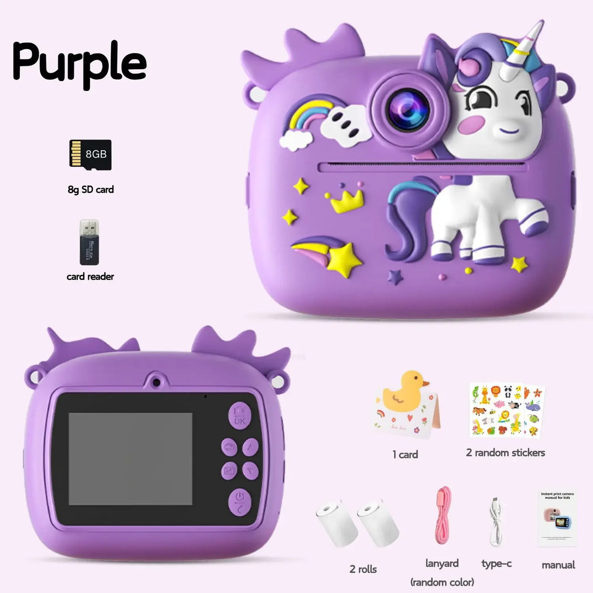 Purple Cute Kids Colorful Instant Print Small Camera with SD Card