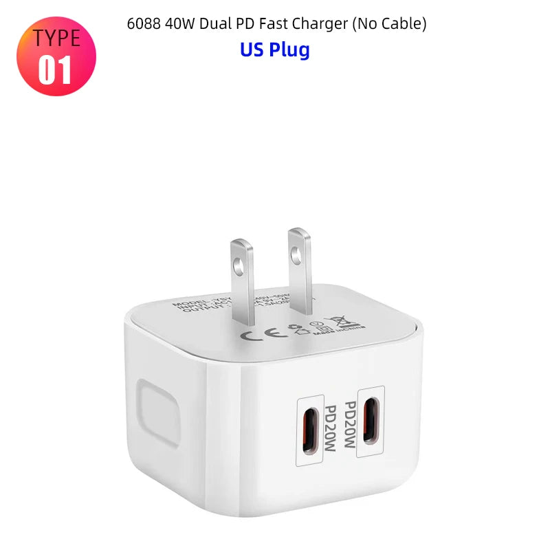 USB C Charger 40W Fast Charger Plug 2 Ports Type C Charger PD Wall Charger Power Adapter for Samsung Xiaomi iPhone 14 13 QC3.0