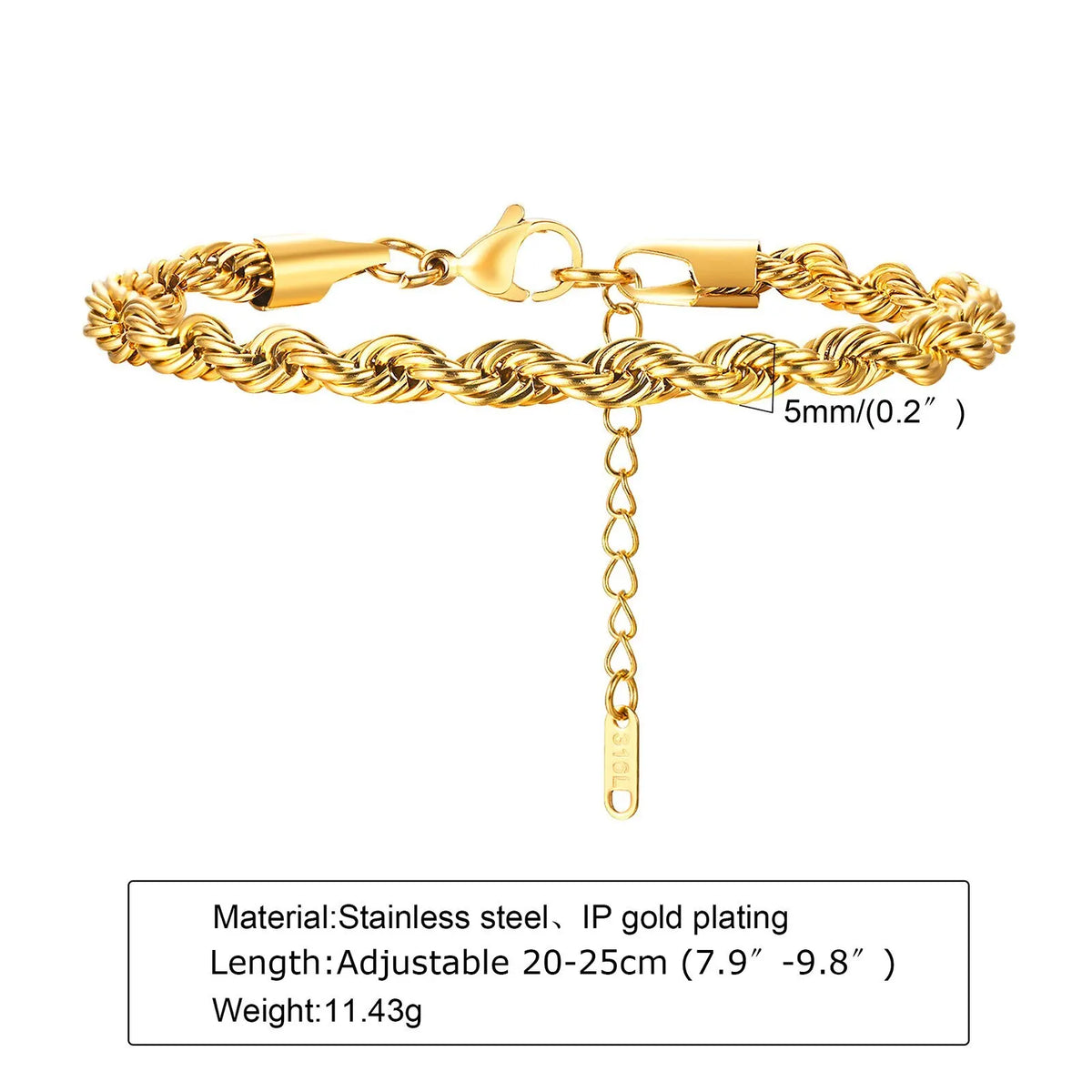 Hip Hop Men's Stainless Steel Rope Chain Bracelets,2/3/4/5mm Gold Color Adjustable