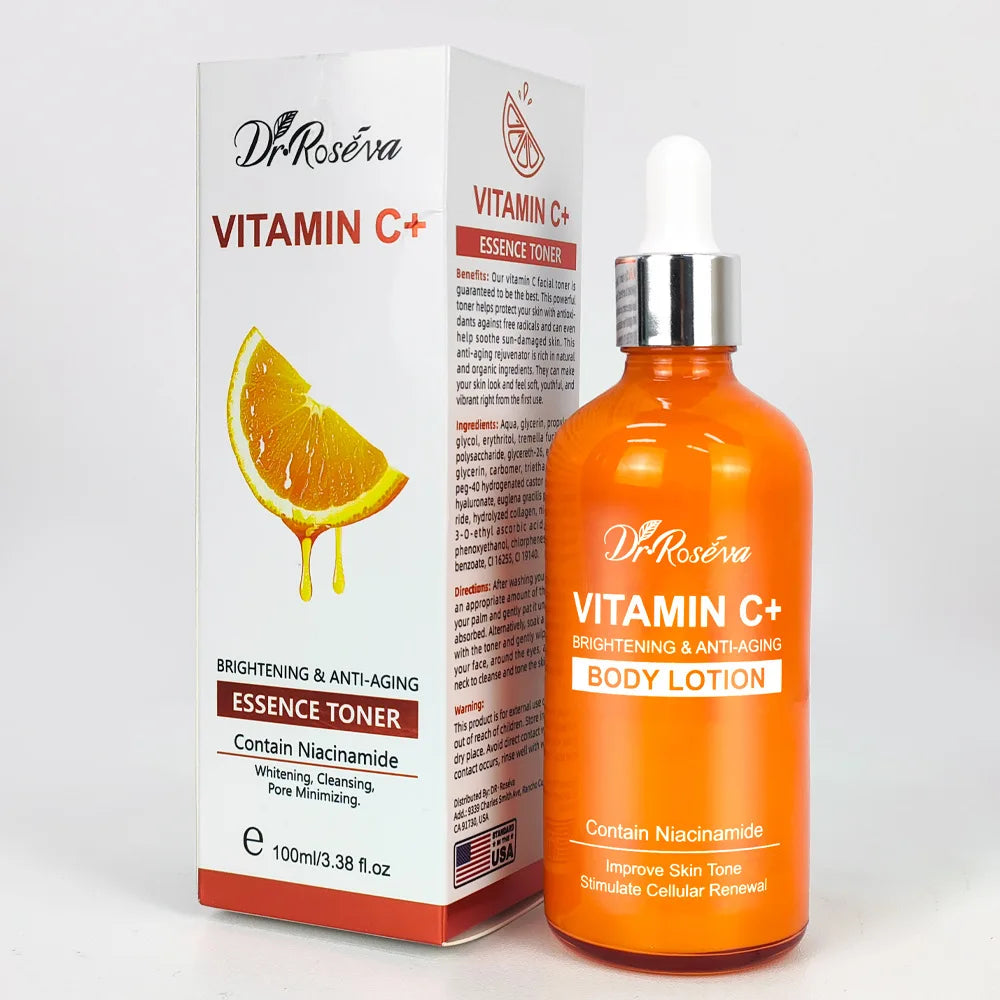 Vitamin C Moisturizing Brightening Skin Tone Skincare Set: Facial Serum & Cream & Cleaner,Essence Toner,Hydrating Body Lotion