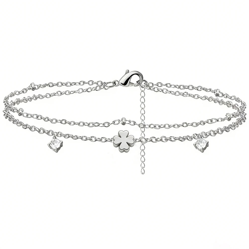 925 Silver Plated Lucky Clover CZ Anklets Waterproof Heart Charm