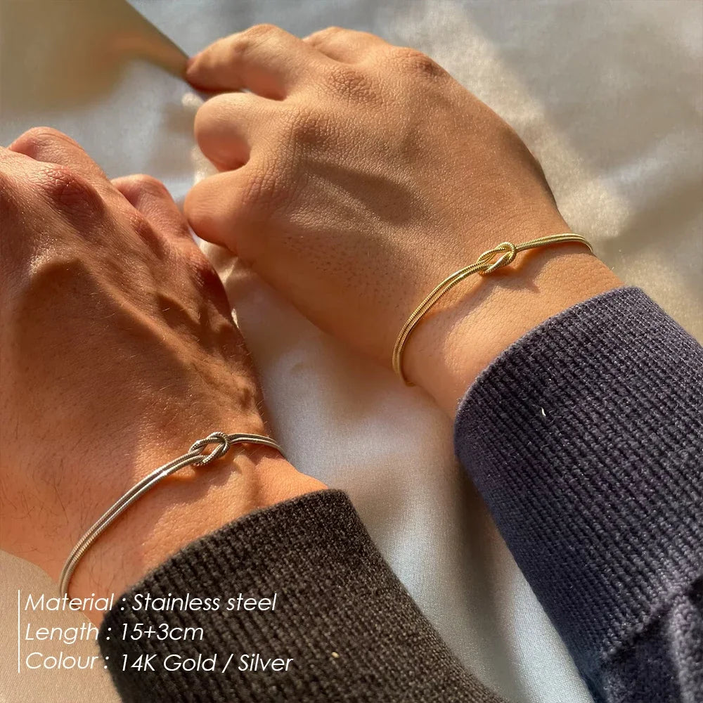 eManco Gold & Silver Stainless Steel Art Deco Knot Slim Snake Chain Bracelet Couple Social Art Jewelry