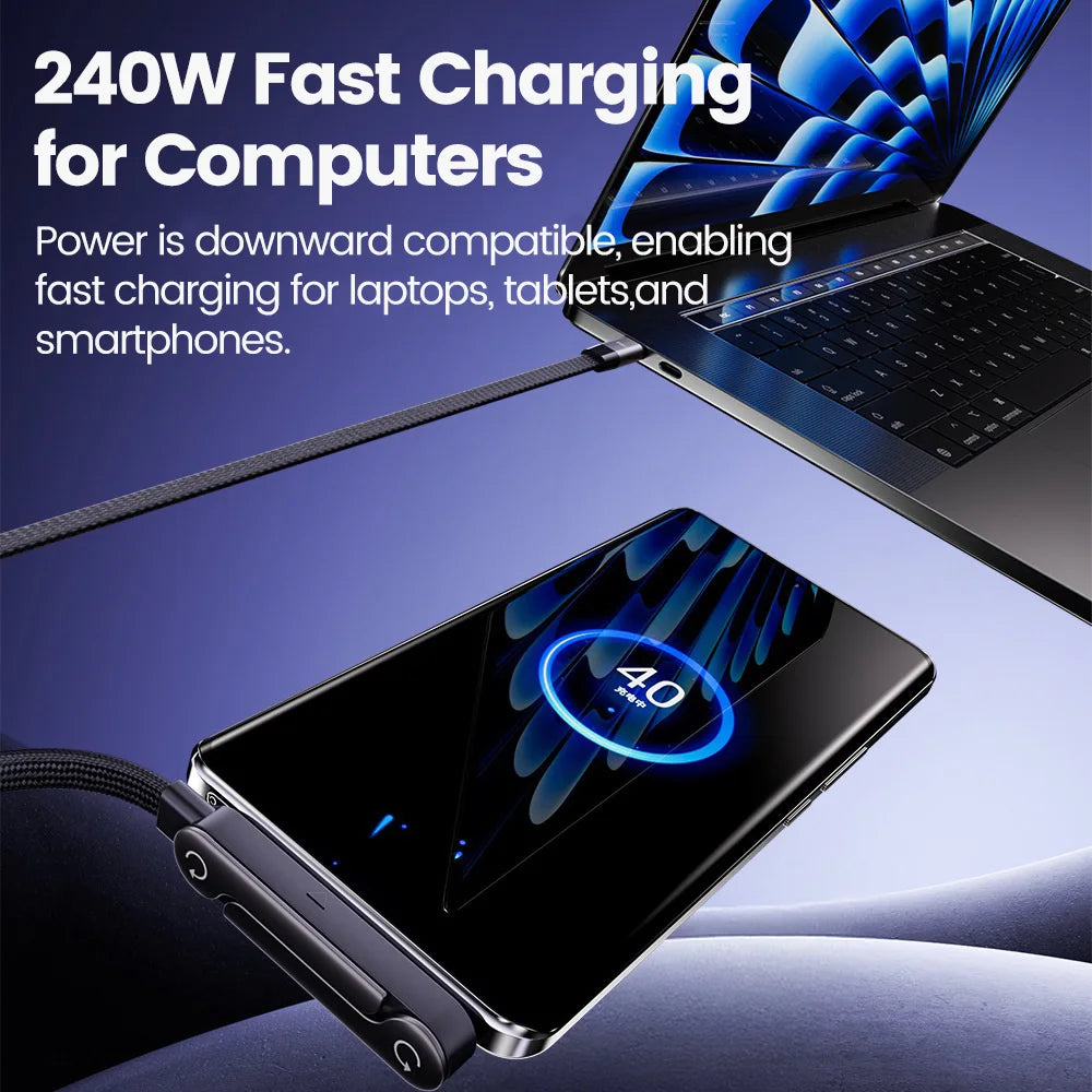 240W 2-in-1 Type C to USB C Fast Charging Data Cable Foldable Phone Holder Type C Fast Charging