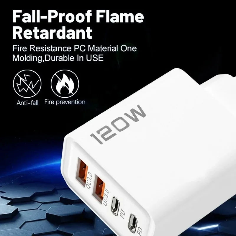 120W Quick Charge 4-Port USB C PD Fast Charger Wall Adapter For iPhone 17 16 15 Samsung S24 Xiaomi Huawei OnePlus EU US UK Plug