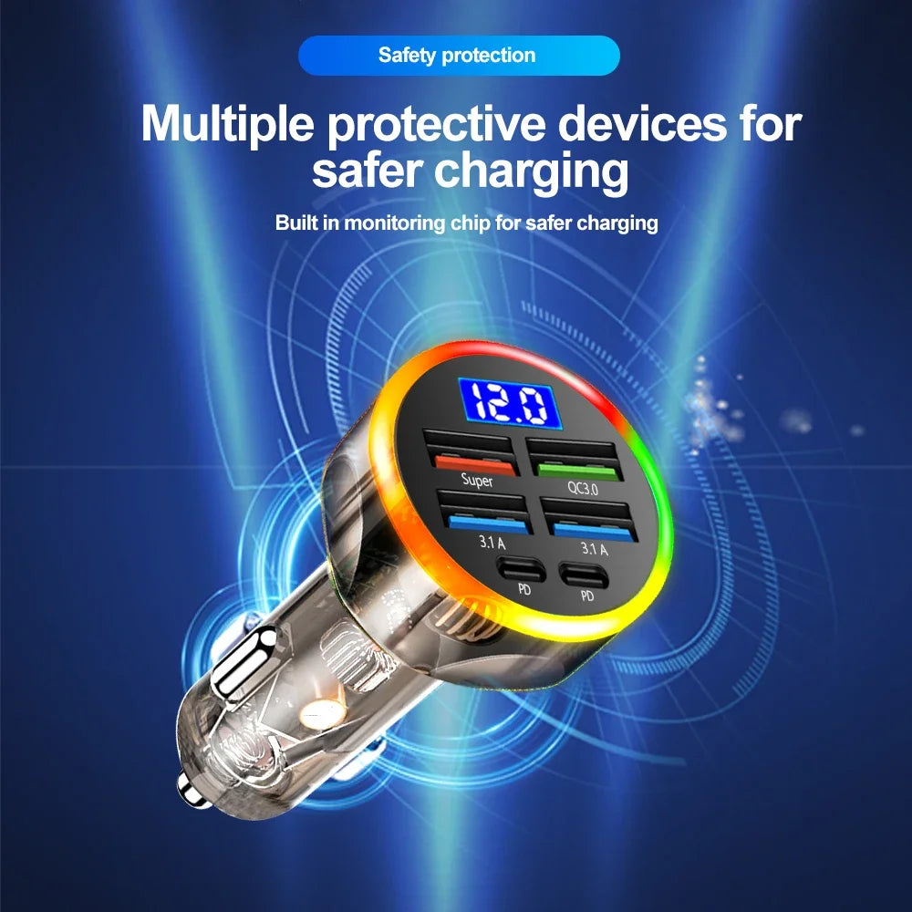 200W Car Charger QC3.0 Type-C Quick Charge Transparent Case PD