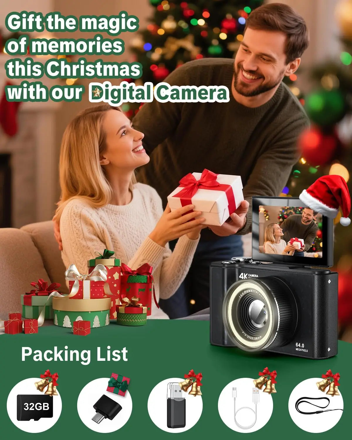 4K Digital Camera for Photography,4k Camera with Ring Light，180°
