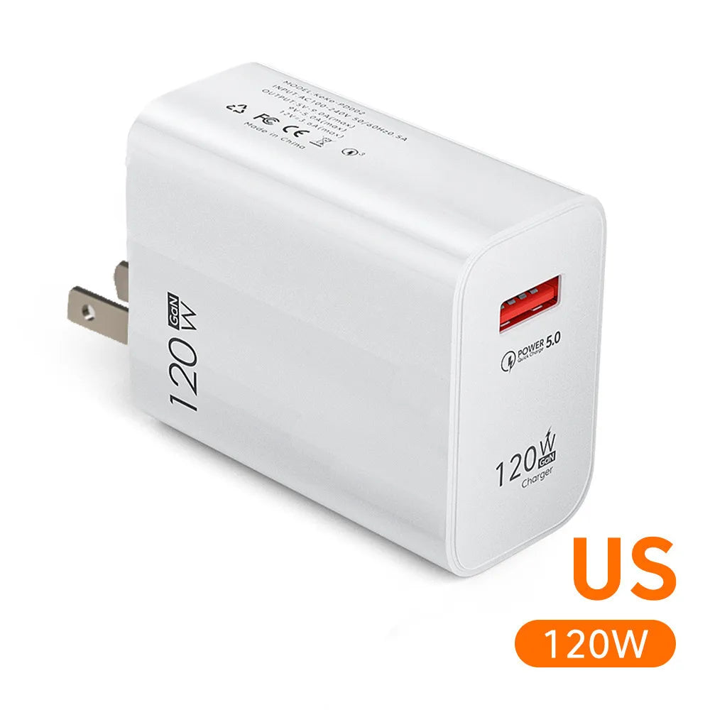 120W USB Fast Charging Charger Type C Cable Quick Charge Phone Adapter for Xiaomi 14 Redmi Oneplus Huawei Samsung Wall Charger