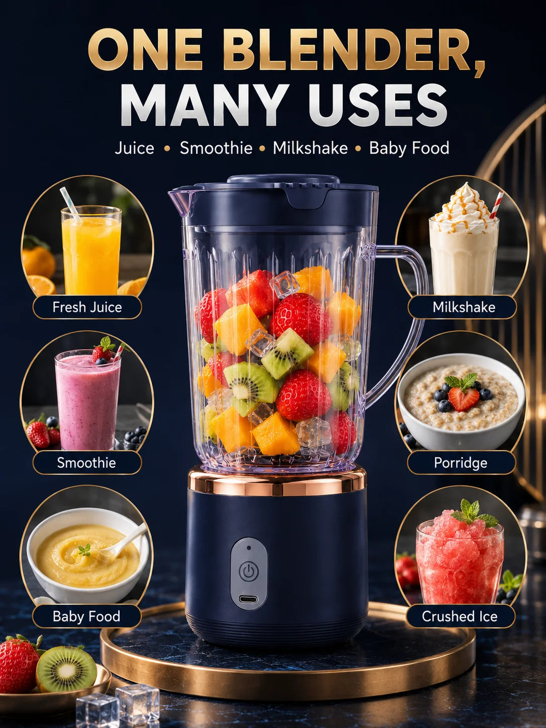 Food Grade 800ml Wireless Blender 1500mAh Battery