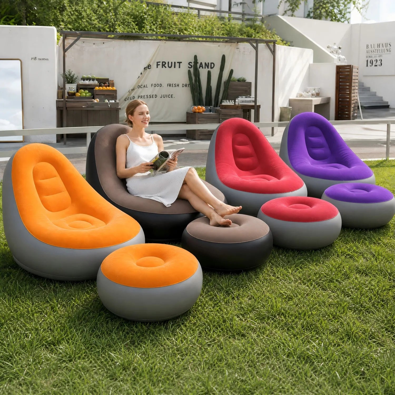 Inflatable Lazy Sofa + Footrest Set, Thickened Flocked Foldable Recliner, Portable Indoor/Outdoor Camping Lounge Chair for Home