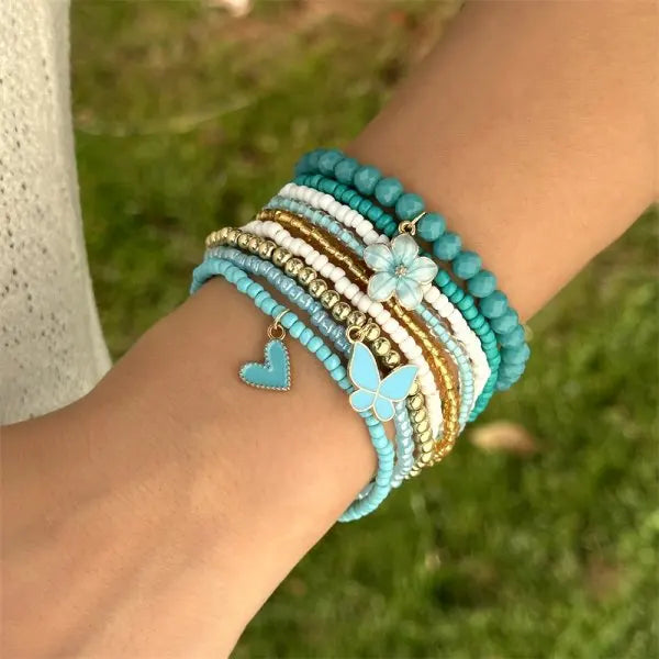 4pcs/set Bohemia Shell Bracelets for Women Ethnic Style Colorful Zircon Rice Beads Metal Chain Bangles Girl Summer Beach Jewelry