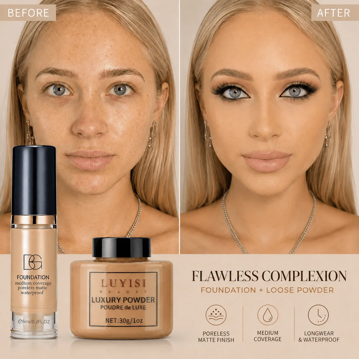 Facial Makeup Set:1pc Matte Loose Powder+1pc Waterproof Fundation