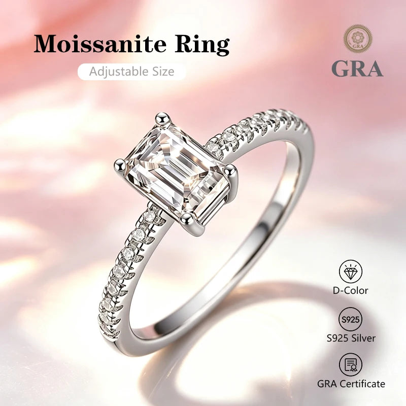 0.5-2.0 Carat Emerald Cut Moissanite Ring S925