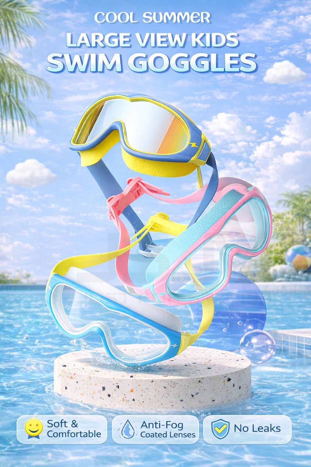 JSJM New Kids Swimming Goggles Big Frame HD Wide View Anti-Fog Waterproof Swim Mask For Boys Girls Ages 3-15 Multi-Color Choice
