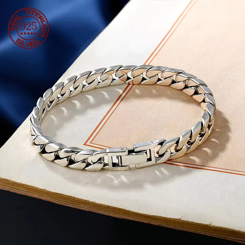100% S925 Sterling Silver Handmade 7MM 8MM Retro Cuban Trend Rough Style