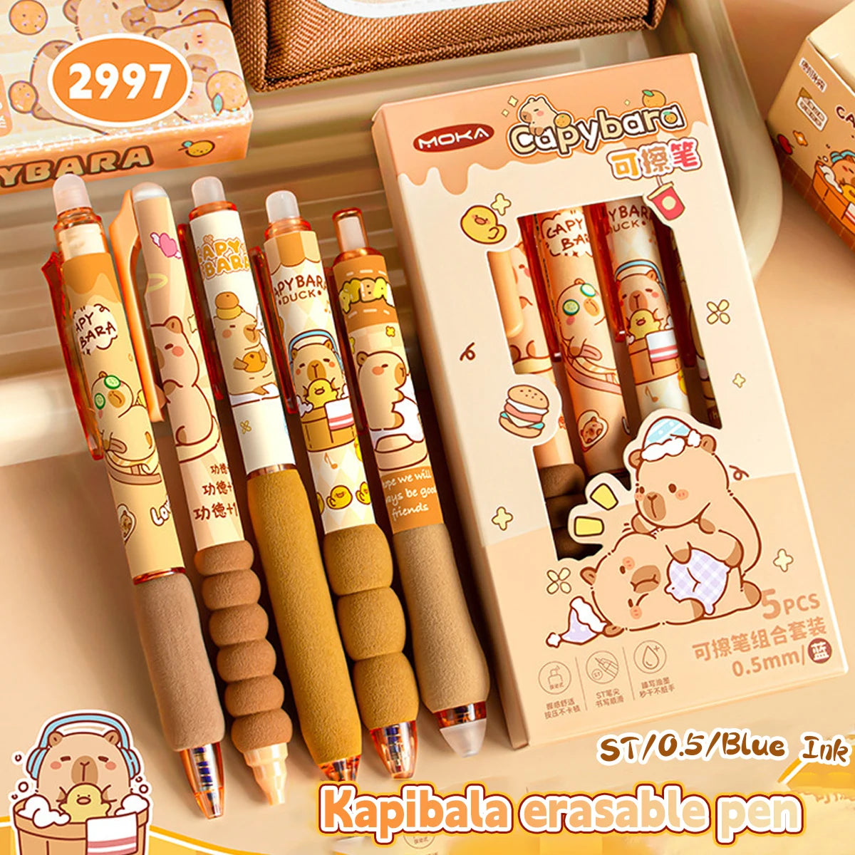 Capybara Erasable Pens 6pcs Refillable Ink Gel