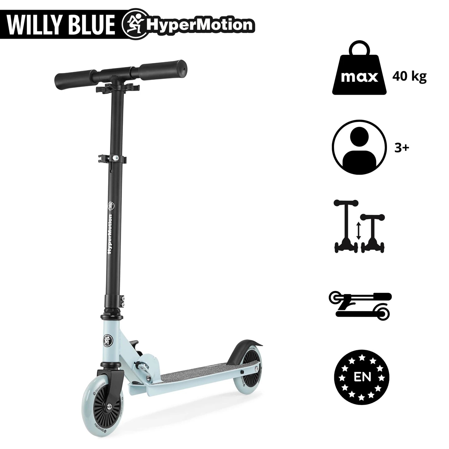 HyperMotion Scooter Two-wheeled Willy Folding Kids Adjustable Blue Wheels PU Bearings ABEC-7 for Boys 3 +