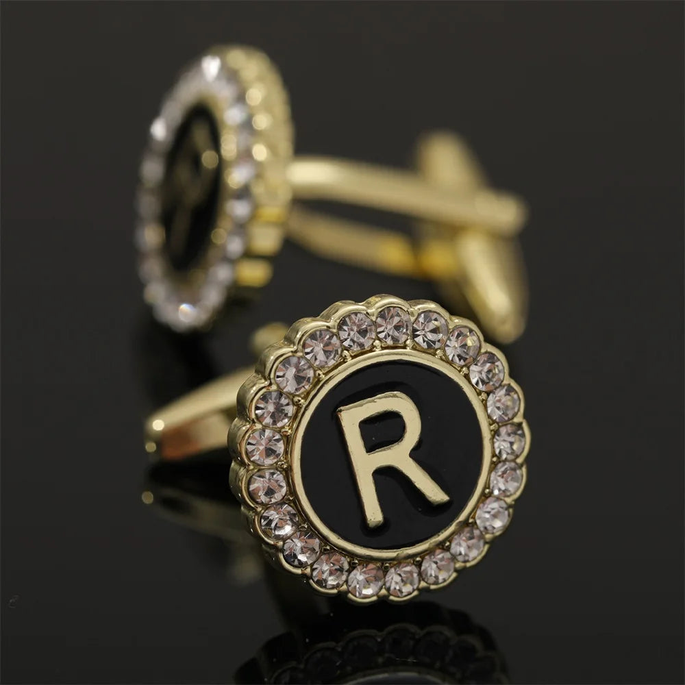 26 Initial Capital Letter A-Z Mens Cufflinks Galaxy Golden Color Gear Shape Crystal Cuff Links Formal Shirt Suit Jewelry Gift