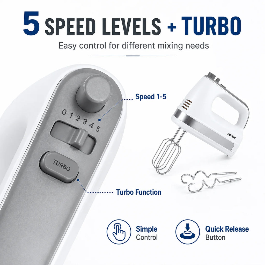 ZEPHIR ZHC466 300W 2 in 1 Electric Hand Mixer 5 Speed Turbo with Stainless Steel Beaters