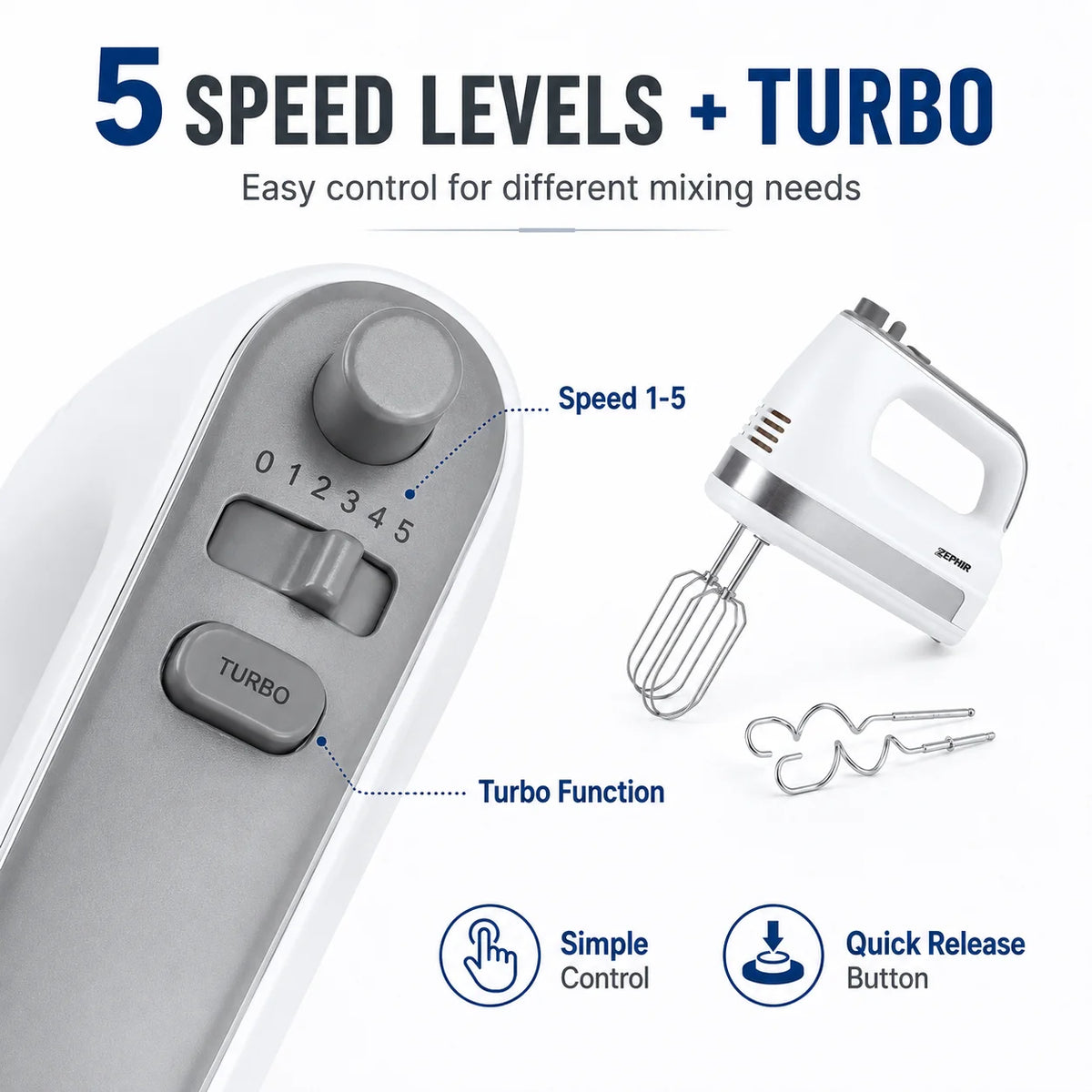 ZEPHIR ZHC466 300W 2 in 1 Electric Hand Mixer 5 Speed Turbo with Stainless Steel Beaters