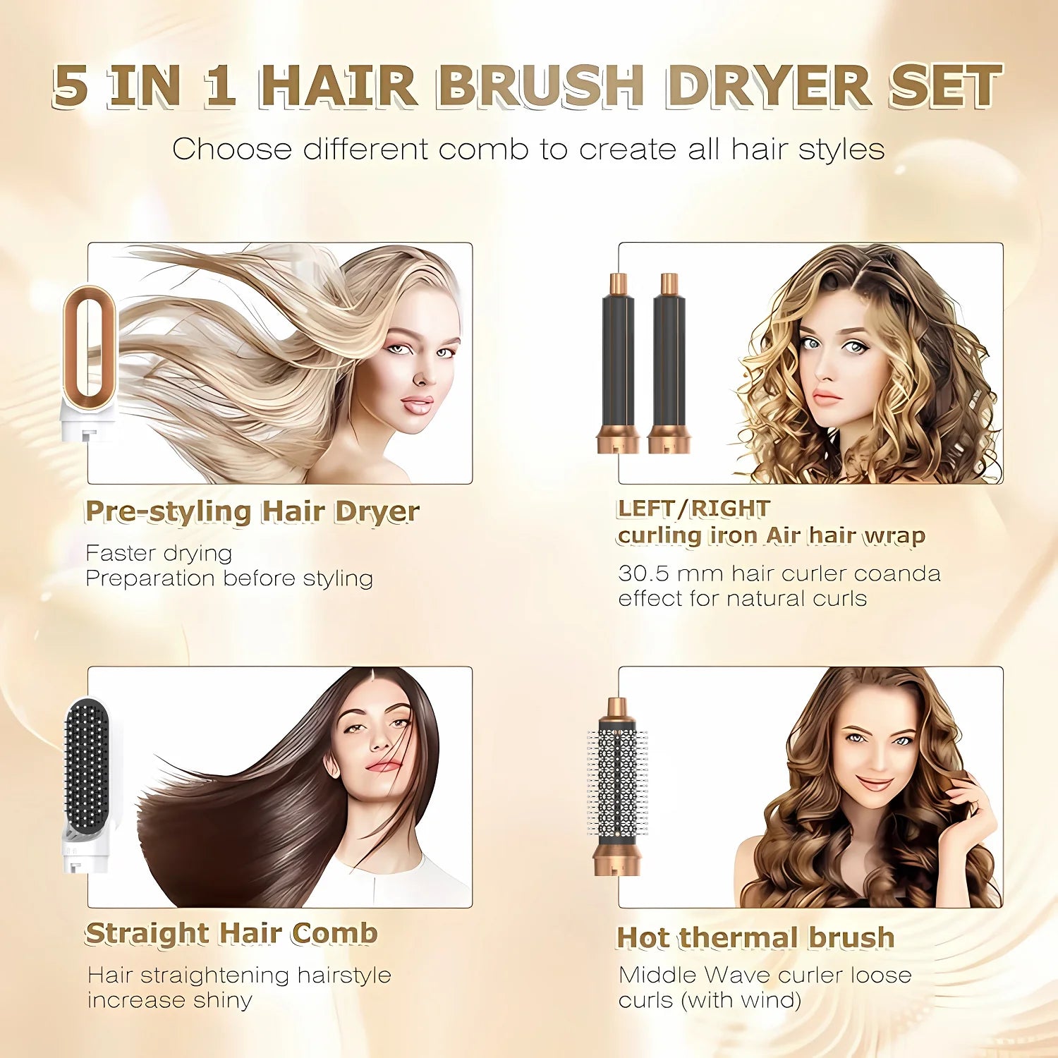 LUXLOCK 5-In-1 Hair Dryer Curling Iron Hot Air Comb Dyso