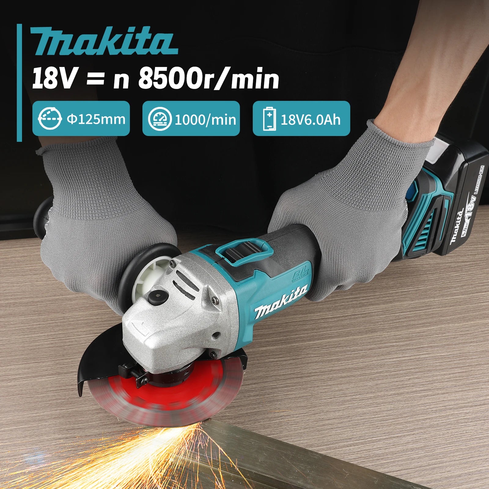 Makita DGA404 Variable Speed Brushless 18V 6.0Ah 125mm Electric Angle Grinder Polishing Machine Cutting Electric Tools