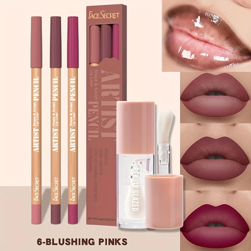 4pcs Matte Lipliner Lip Gloss Combo -Moisturizing Plumping Lip Oil