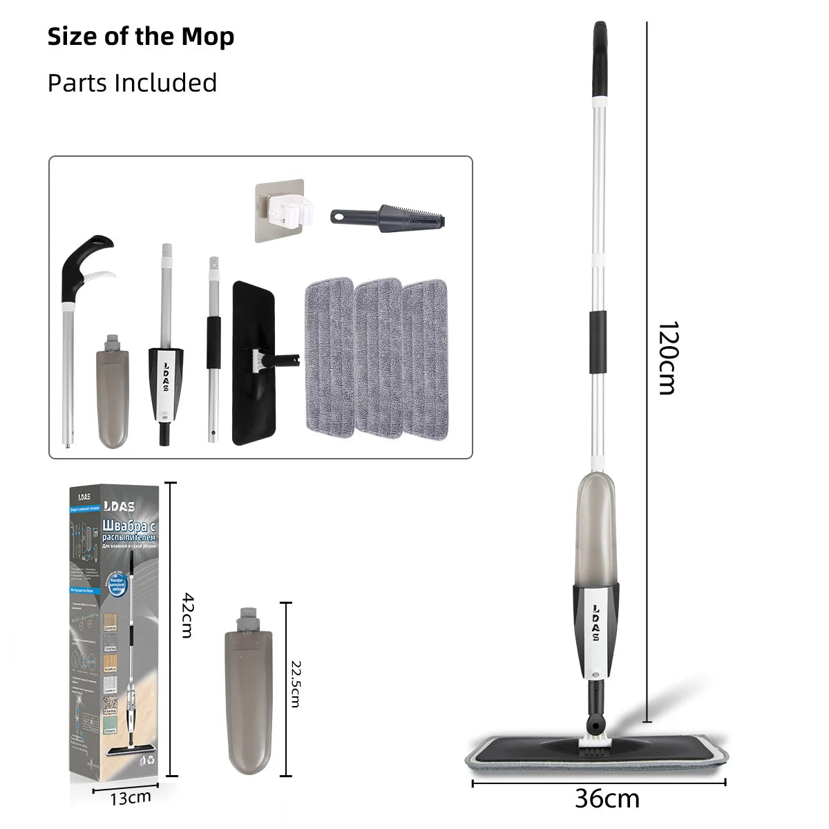 DARIS Spray Mop, 360ml Bottle, 3 Microfiber Mop Pads, Scraper, Mop Clip, Wet and Dry Use,