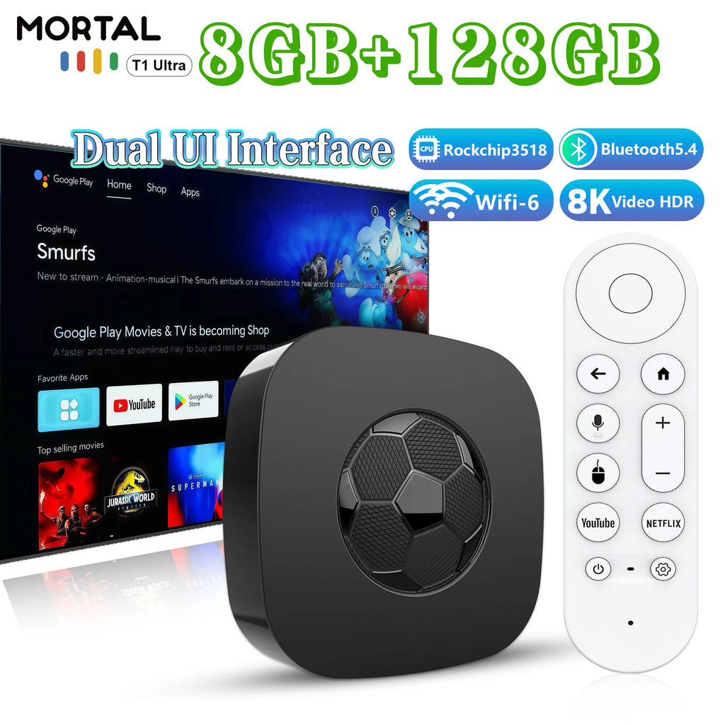 T1 Ultra Android 16 TV Box 8GB+128GB WiFi6 BT5.4 Voice Remote HD 4K