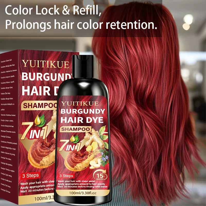100ml YUITIKUE Burgundy Hair Color Shampoo 7 In 1 Plant Infused Cover Gray Hair Simple Home Hair Coloring Daily Use