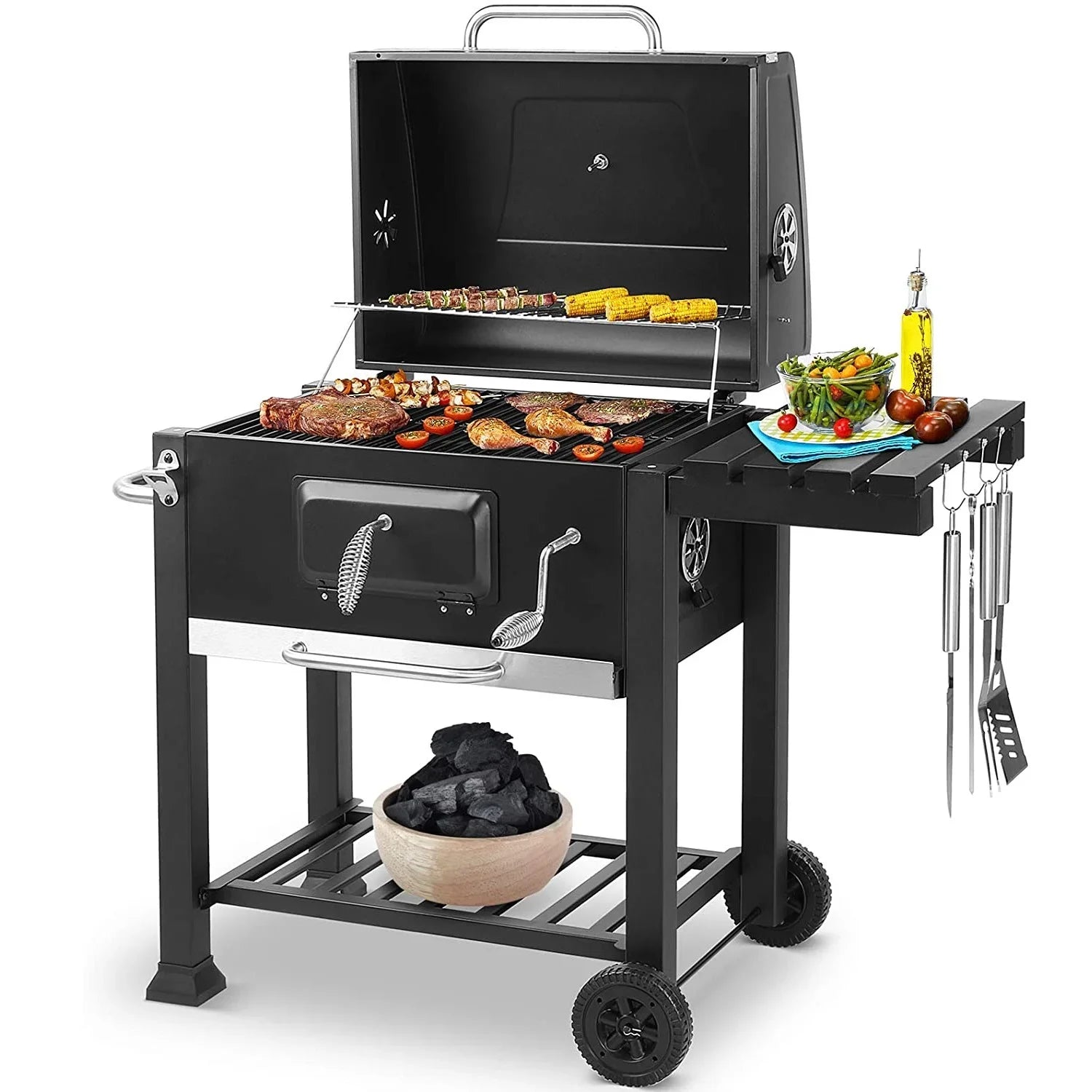 5~10 People BBQ Camping Charcoal Barbecue Stove 2 Wheels Luxurious Configuration Family Garden Outdoor Home Barbecue Grill