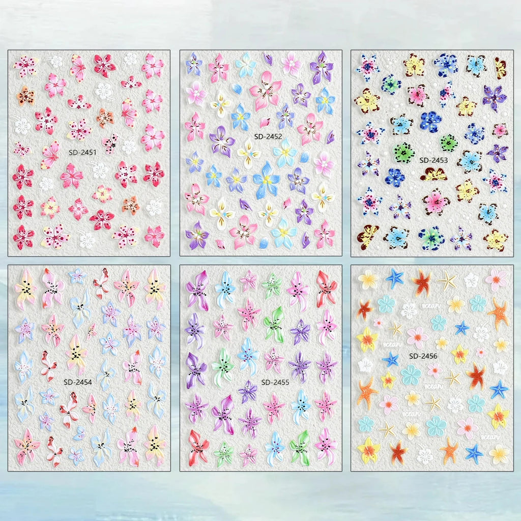 3 to 120 Sheets Tropical Flower Nail Stickers Hibiscus Butterfly Starfish
