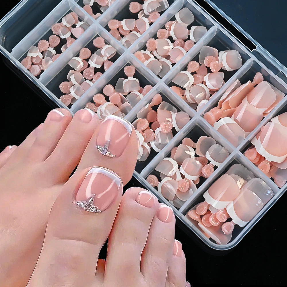 120pcs/Box French Tip Press-On Toenails Pink Color System Square Shape Foot Nails Short Length Glossy Finish False Toe Nails Set