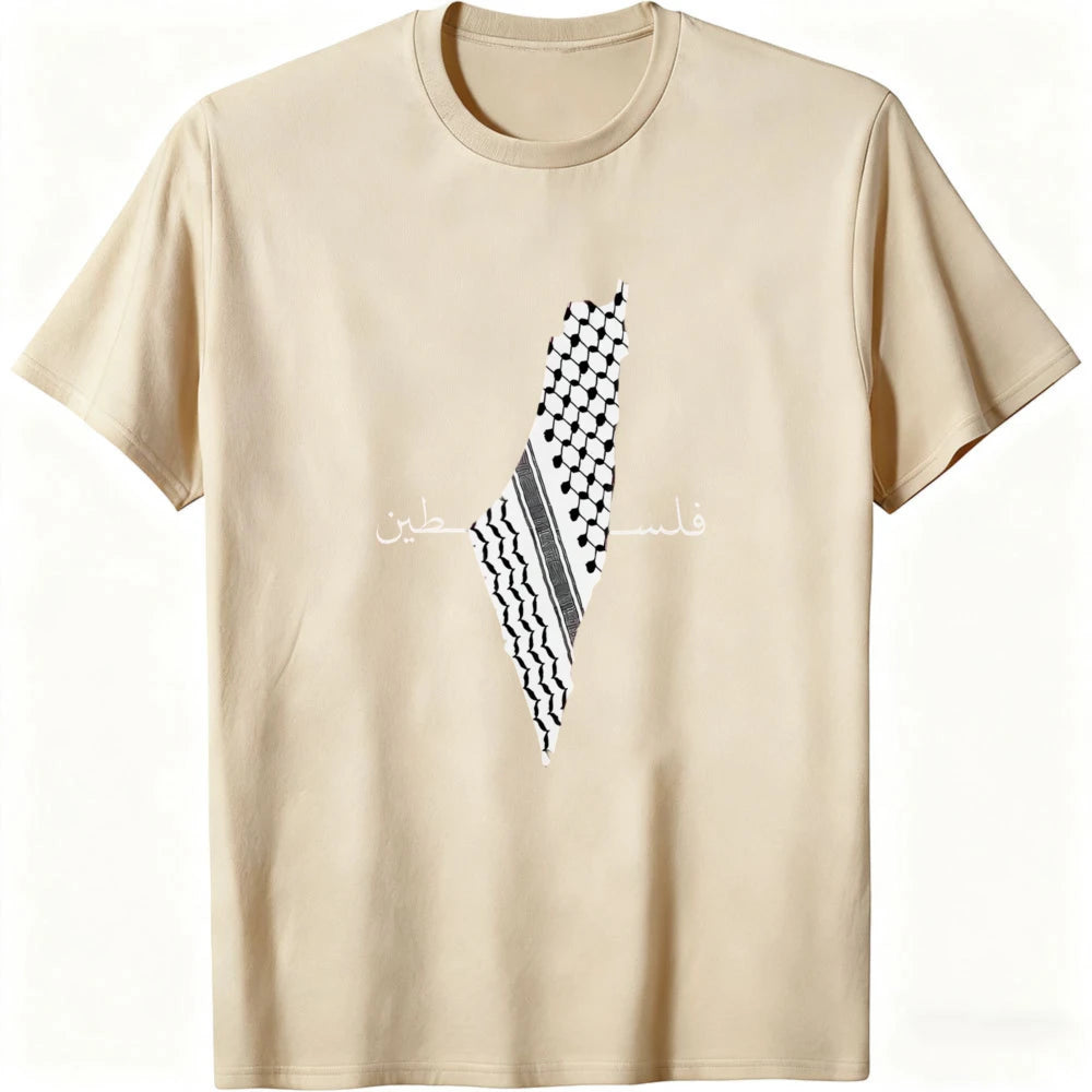 Palestine Keffiyeh Map Arabic Calligraphy Print Cotton T Shirt Men Heritage Patriotic Casual Graphic Tees Summer Men Clothing