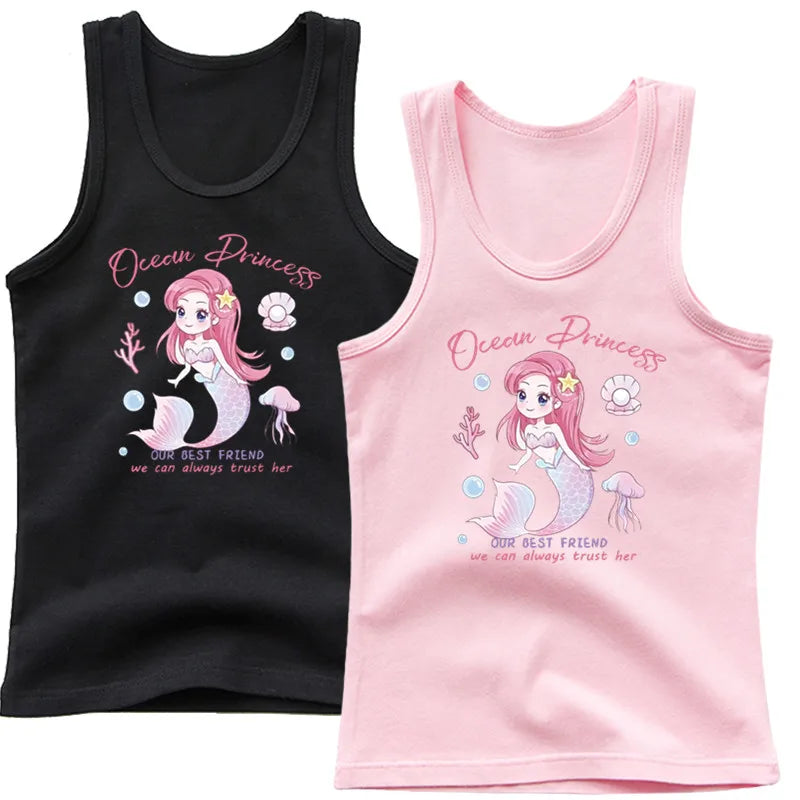 Girls Kawaii Ocean Princess Tanks Kids Sleeveless O-Neck Summer T-Shirt New Catoon Vest Top for Toddler Kids