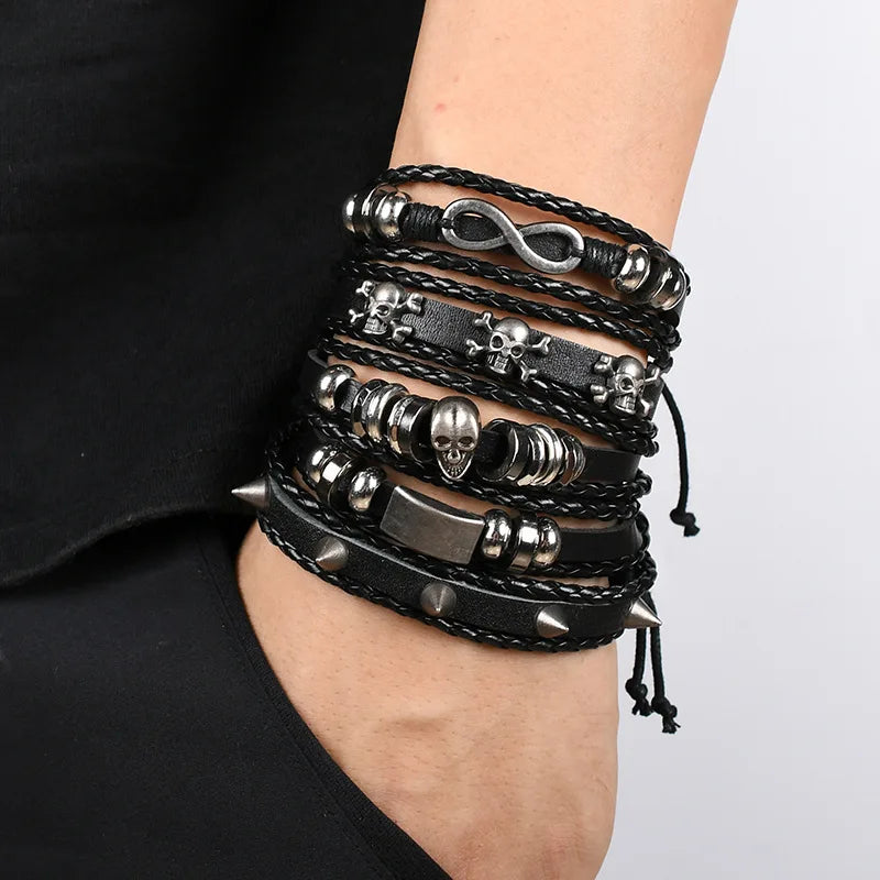 Fashion Bracelet Viking  Bracelet For Men Hand Bracelets Woven Skull Hand Jewelry Adjustable Leather Set viking man bracelet