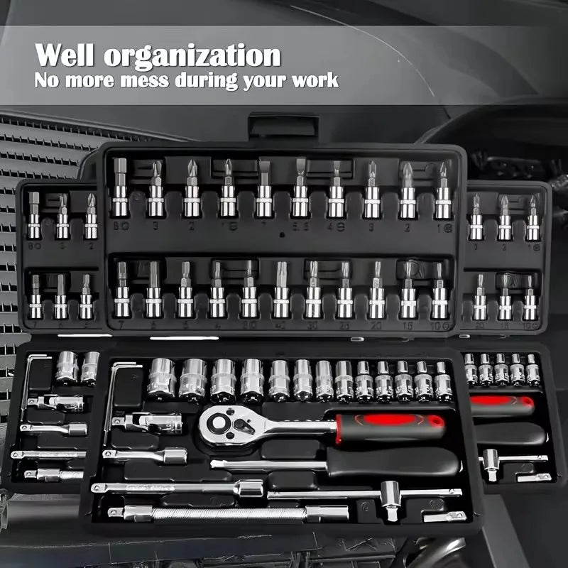 46-Piece Socket Set with Chrome Vanadium Tools, Ratchet, Extensions, and Portable Case for Car and Home Repairs