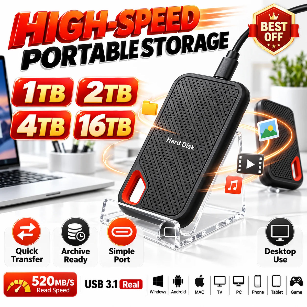 High-Speed Portable Hard Drive 1TB External SSD USB-C