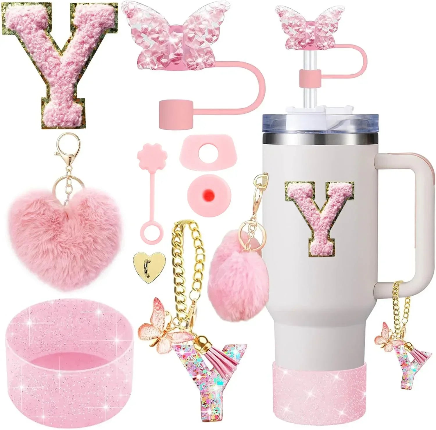 9PCS Accessory Set for Stanley Cup 30oz 40oz Butterfly Straw Cover Cap Silicone Boot Charm Initials Sticker Spill Proof Stopper