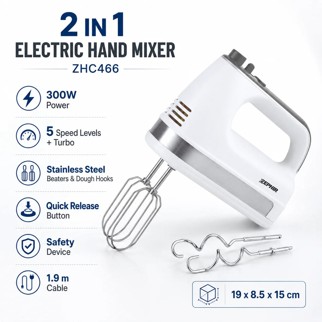 ZEPHIR ZHC466 300W 2 in 1 Electric Hand Mixer 5 Speed Turbo with Stainless Steel Beaters