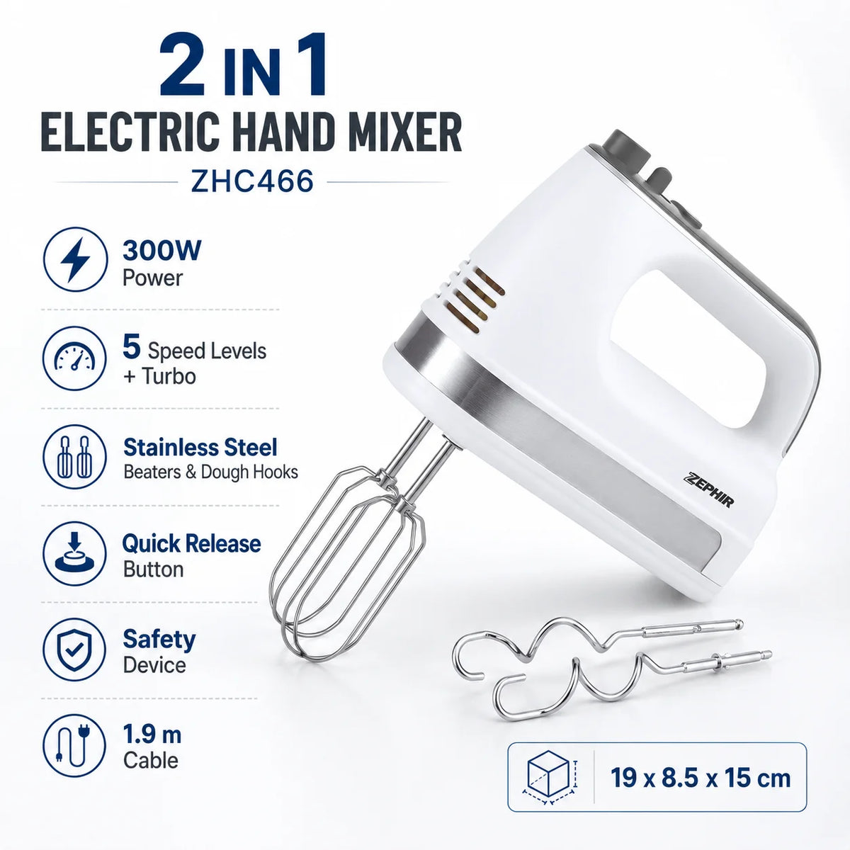 ZEPHIR ZHC466 300W 2 in 1 Electric Hand Mixer 5 Speed Turbo with Stainless Steel Beaters