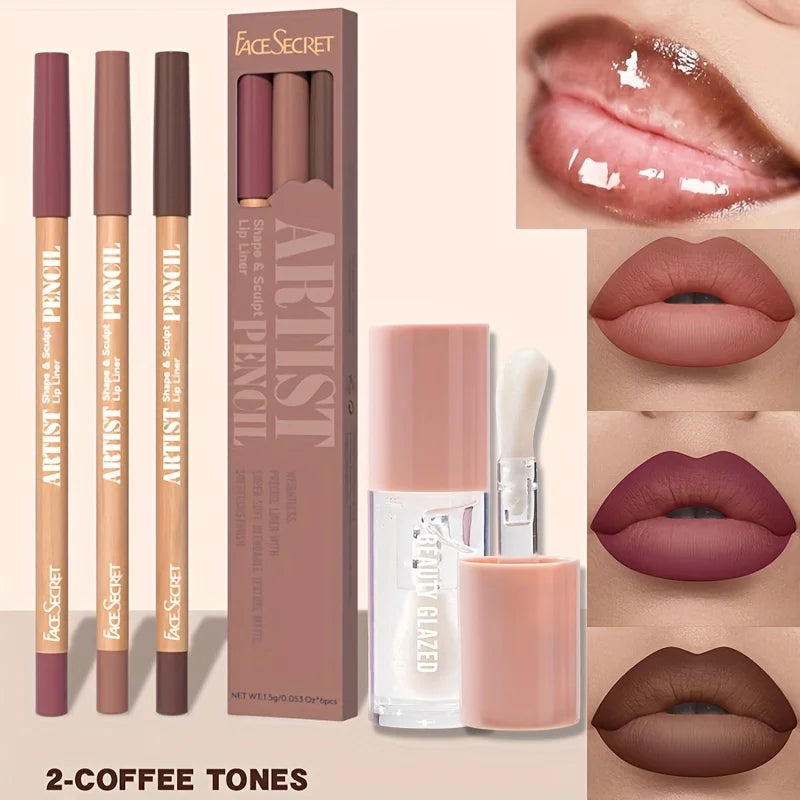 4pcs Matte Lipliner Lip Gloss Combo -Moisturizing Plumping Lip Oil