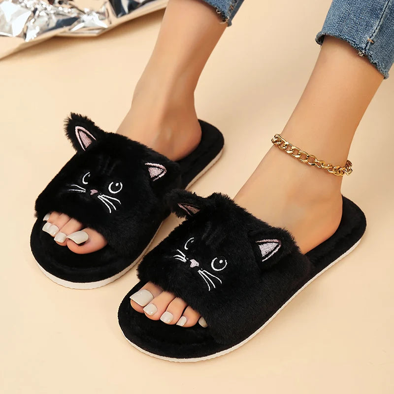 Casual Women's Slippers Home Flats Cat Cartoon Fluffy Luxury Designer Shoes Girls Spring Autumn Elegant Indoor Slides Soft Sole