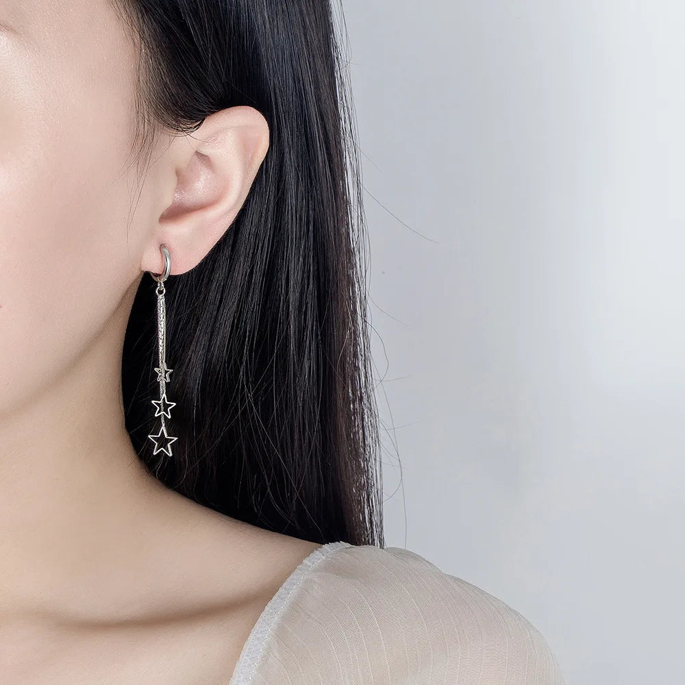 925 Sterling Silver Earrings Long Three Star Earrings