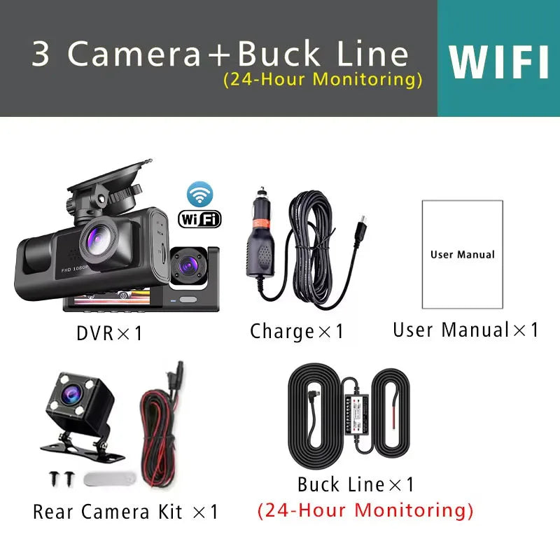 WiFi 3 Channel Car DVR Three Way Dash Cam Inside Vehicle