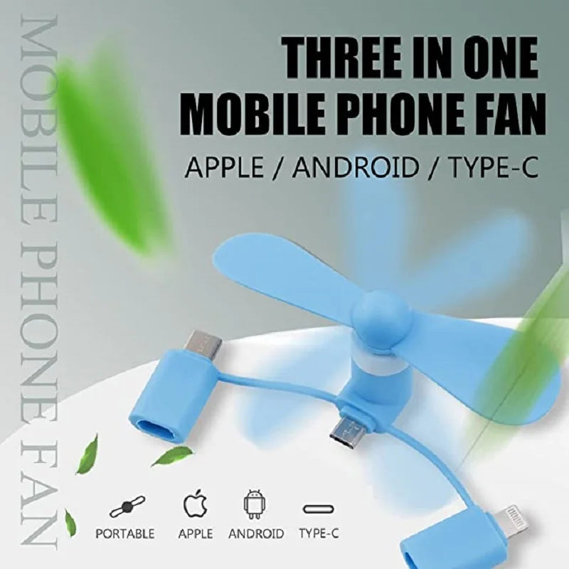 Cell Phone Fan 3-in-1 Mobile Phone Fans Compatible with iPhone/iPad/Android Smartphone/Tablet Fit for Micro USB/Type C/Lightning